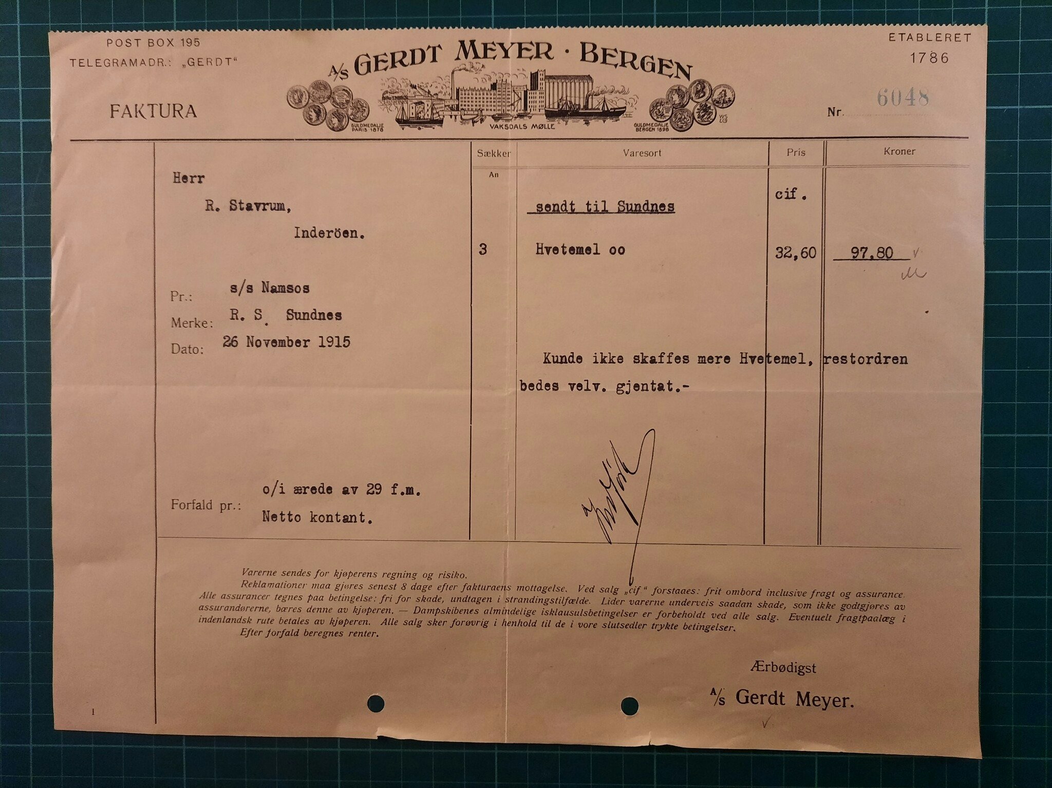 Faktura Gerdt Meyer 1915