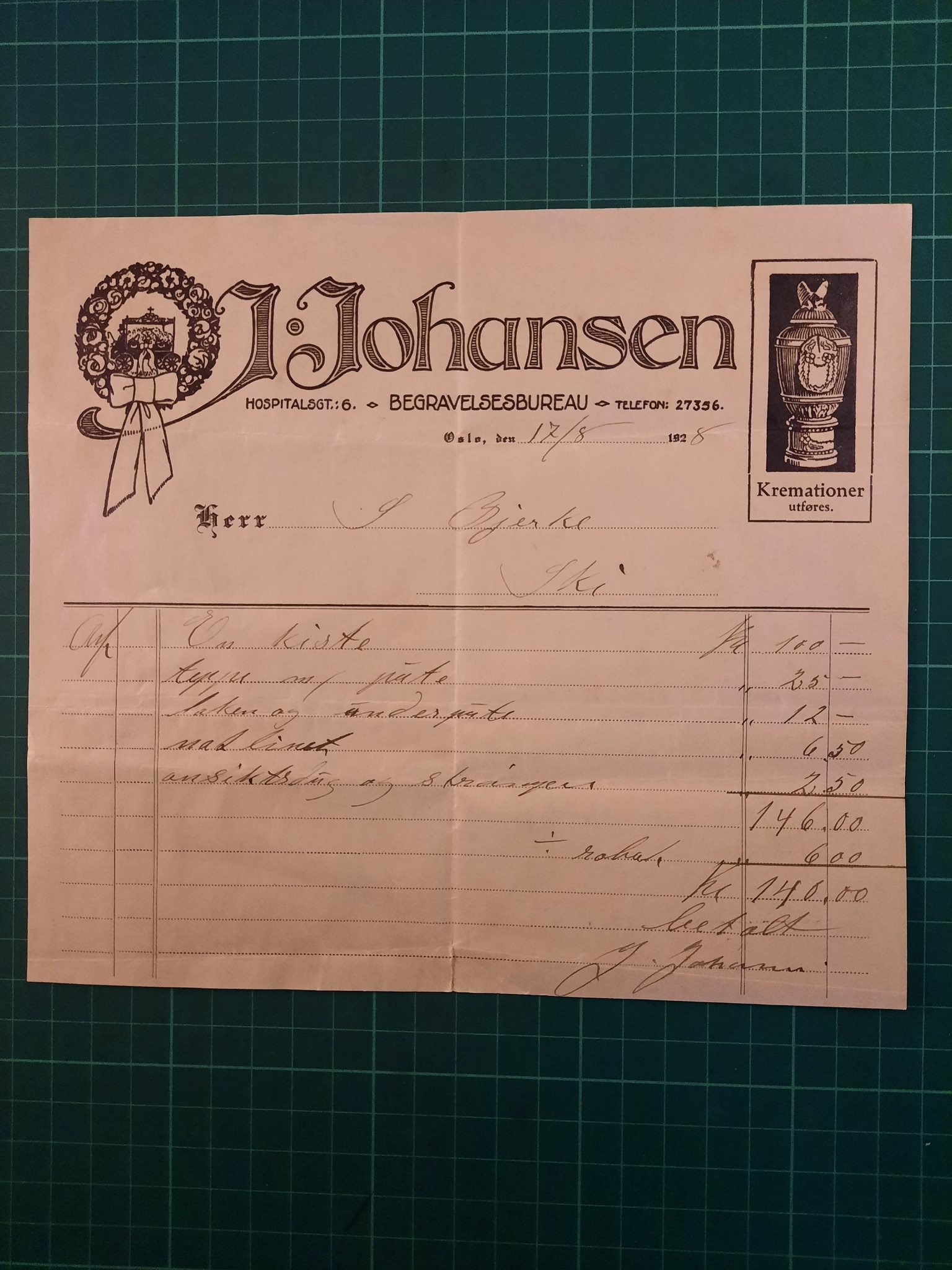 Faktura J. Johansen 1928