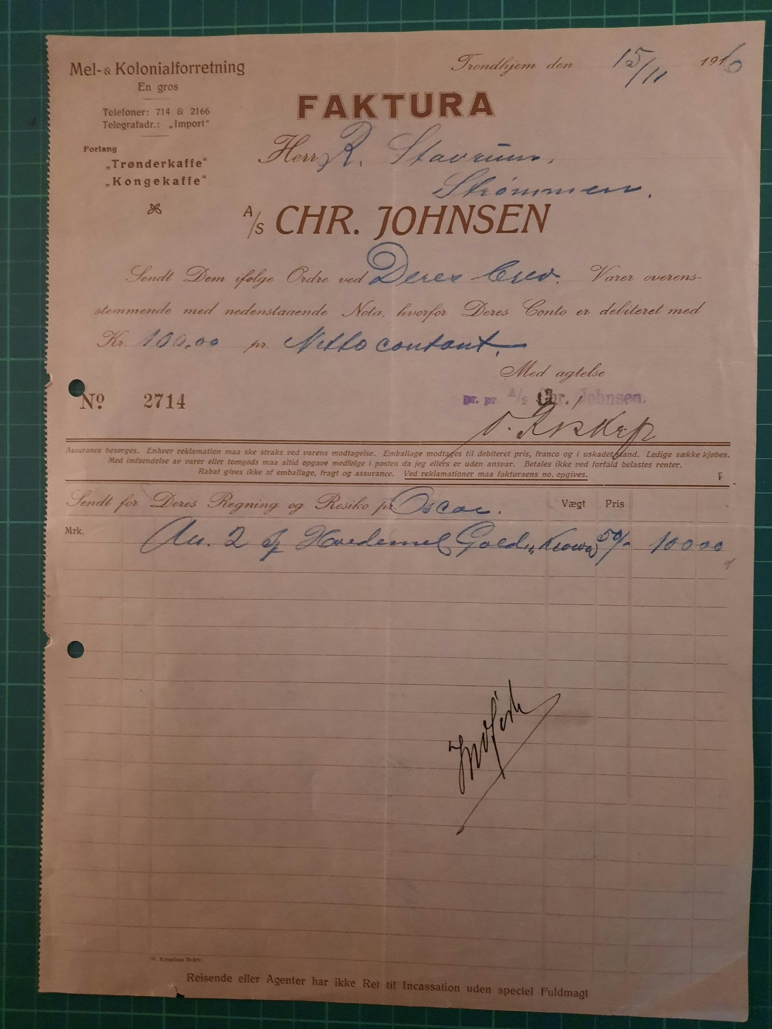 Faktura Chr. Johnsen 1916