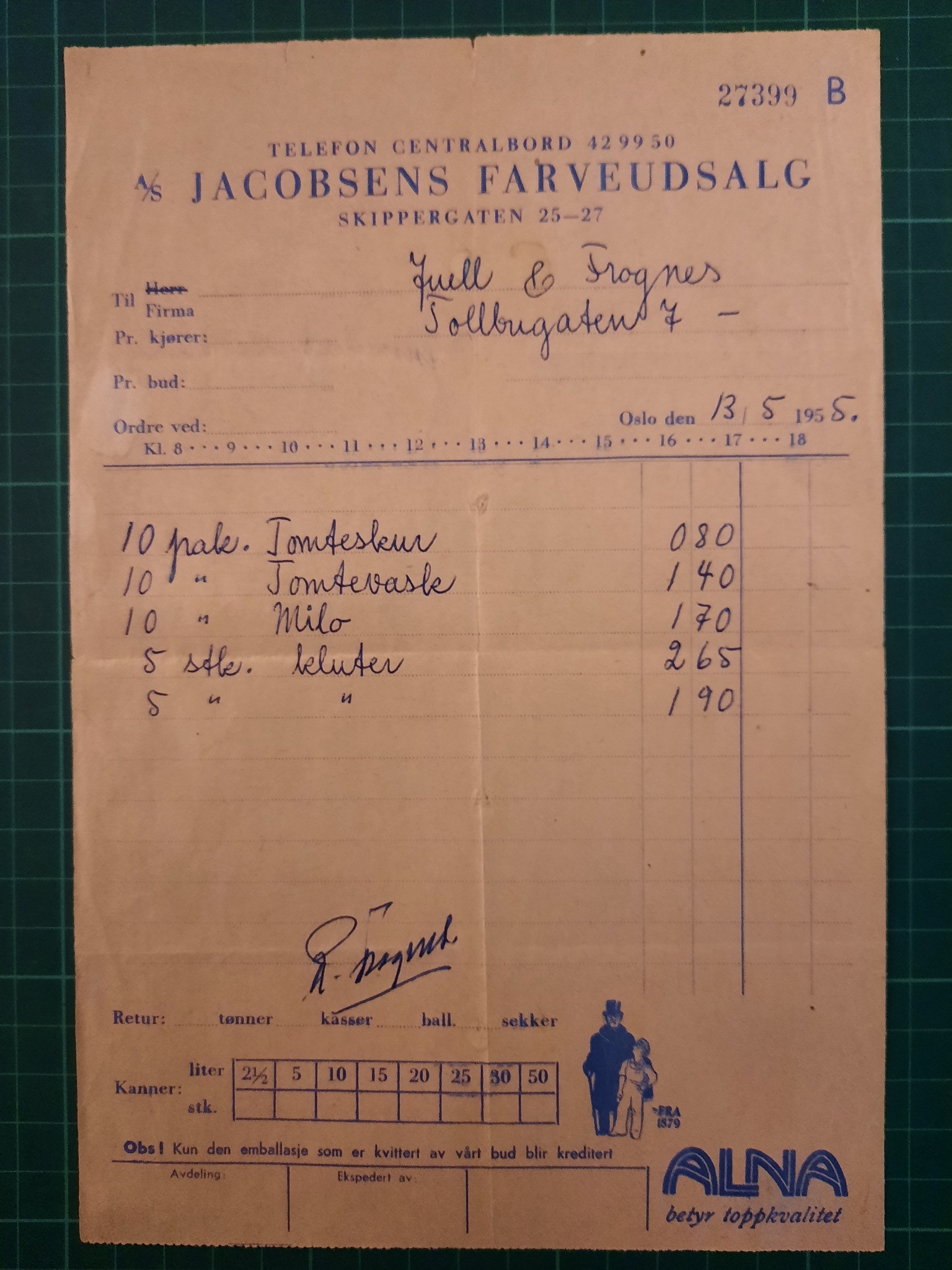 Faktura Jacobsen farveudsalg 1955