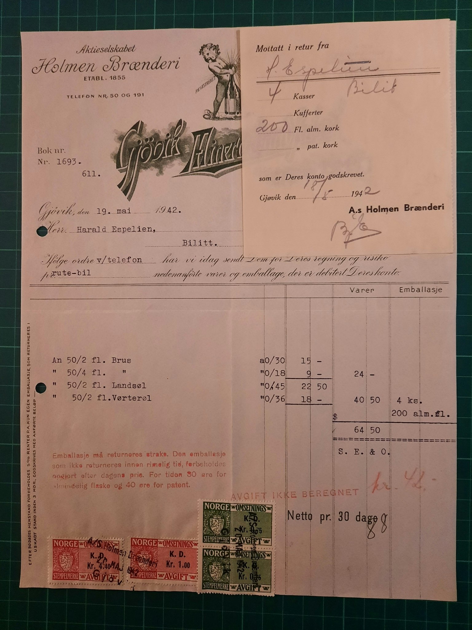 Faktura Gjøvik Mineralvandfabrik 1942 m/omsetningsmerker