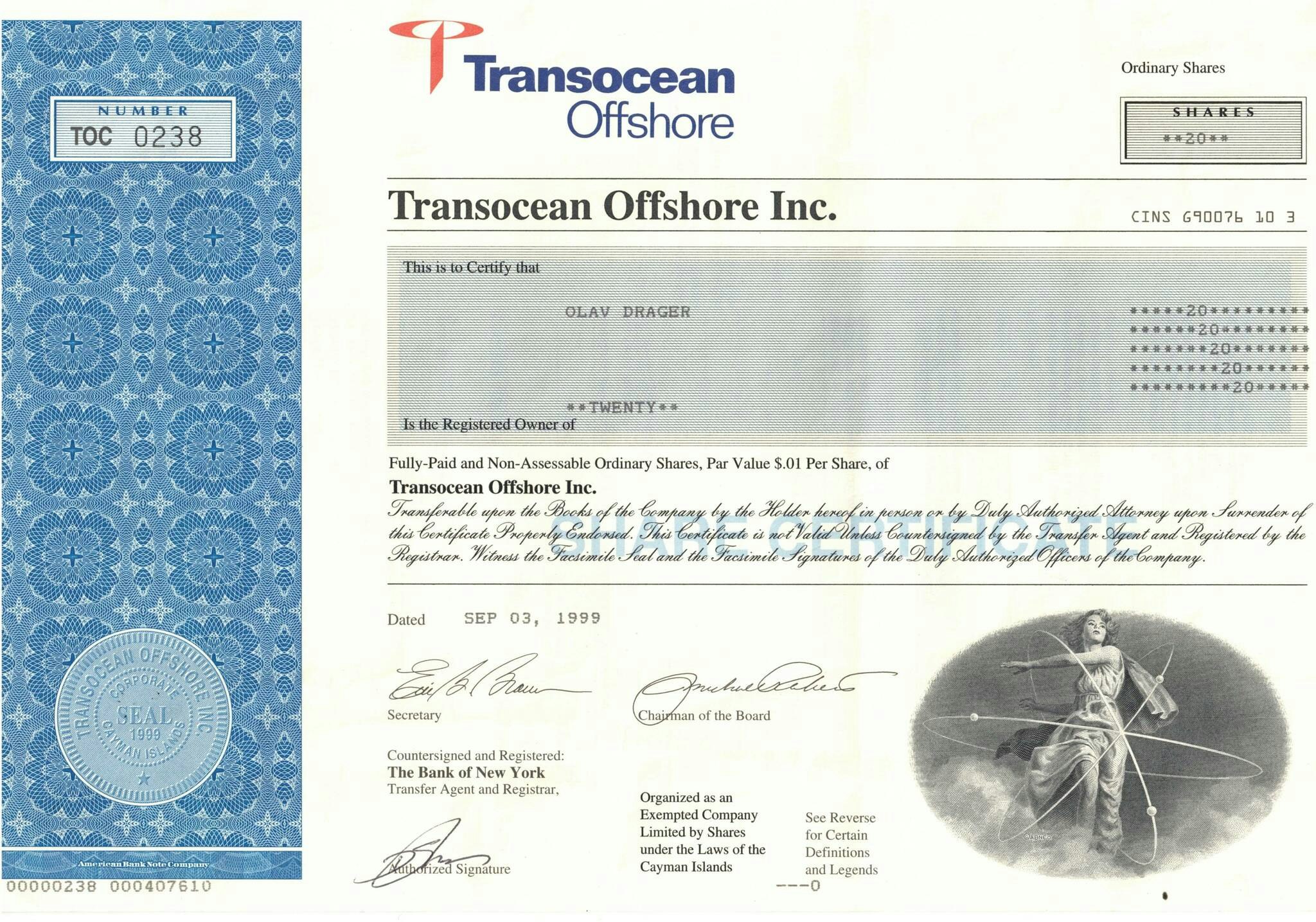 Aksjebrev Transocean Offshore Inc 1999