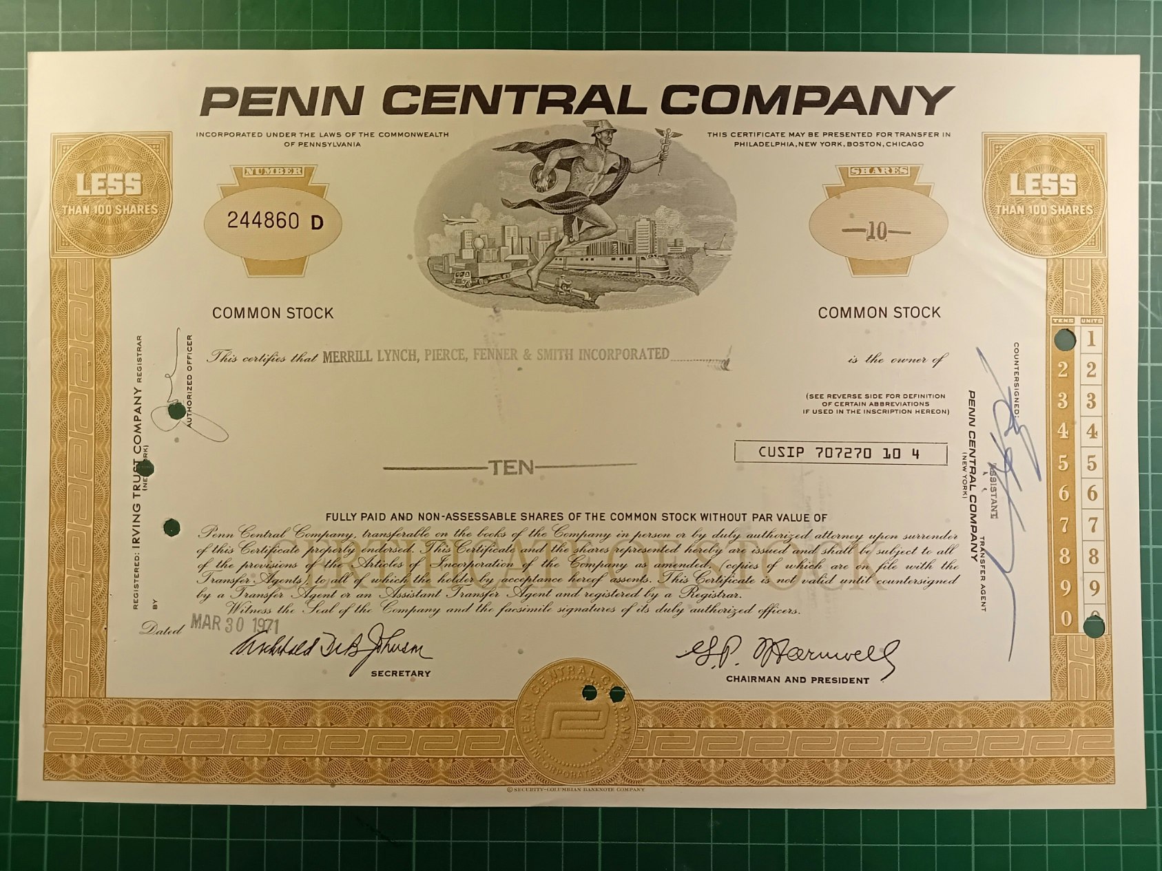 Aksjebrev Penn Central Company 1971