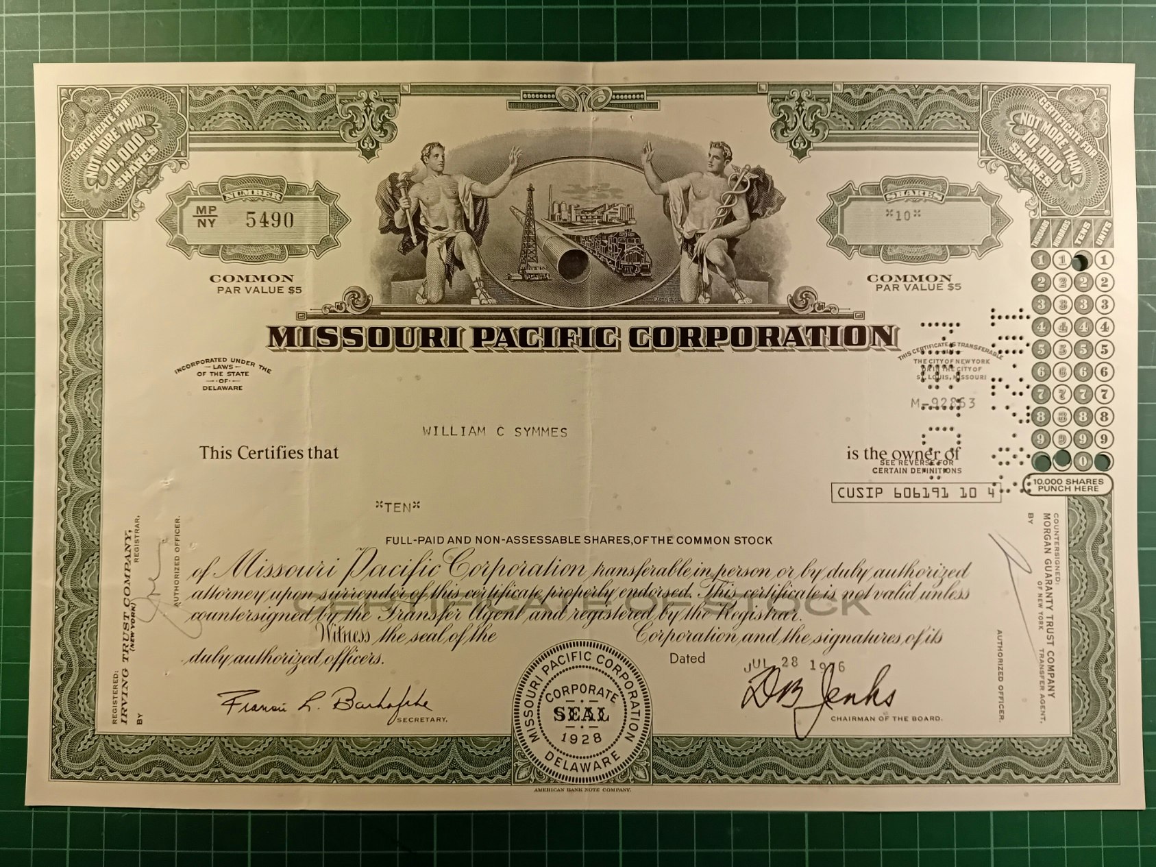 Aksjebrev Missouri Pacific Corporation 1976