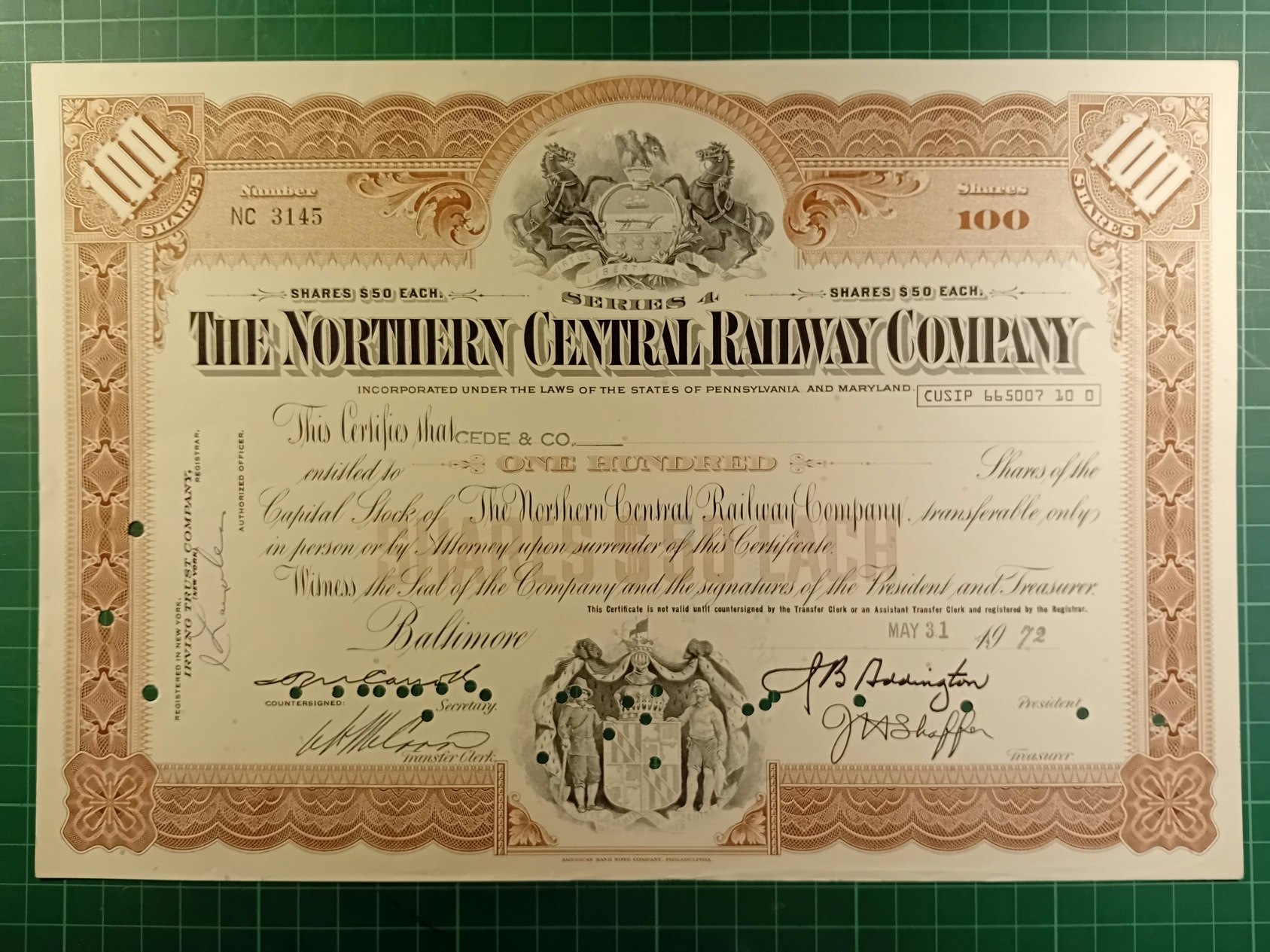 Aksjebrev The Northern Central Railway Company 1972