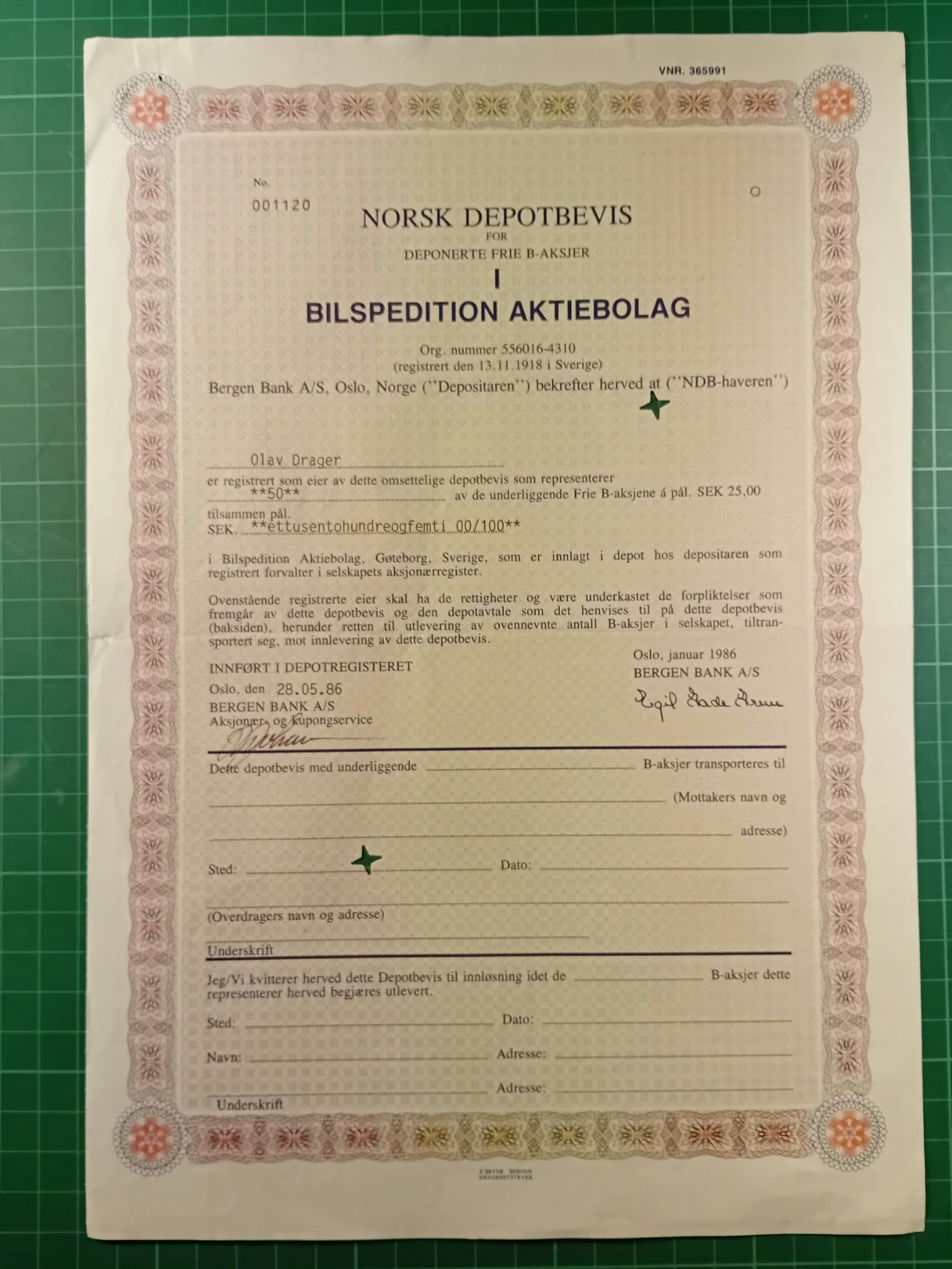 Depotbevis Bilspedition Aktiebolag 1986