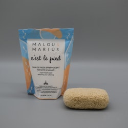 Paket med brusande fotbadspulver och pimpsten från Malou & Marius