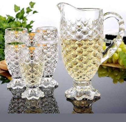 Glas kanna set med 6 glas, fiskskal mönster glas kanna set