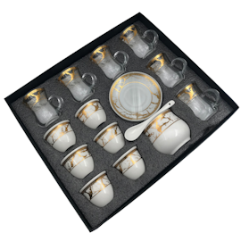 Deluxe te- och kaffe set består av 20 delar glas och porslin