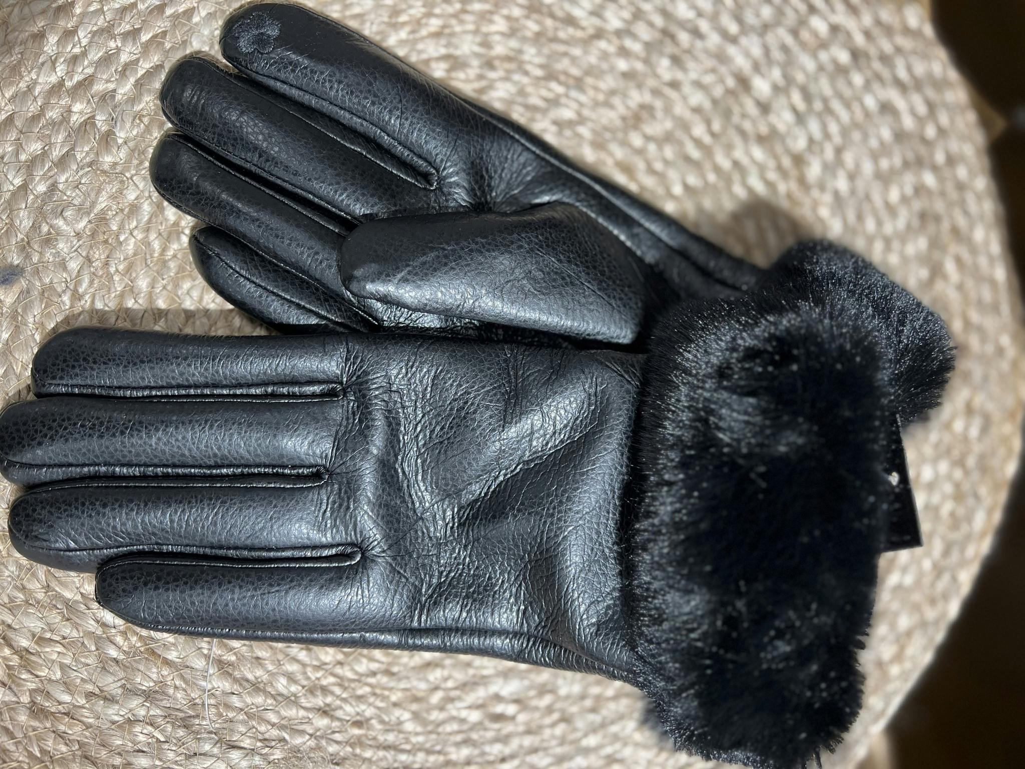 Handske svart vegan läder med pälskant - Boutique Lykka