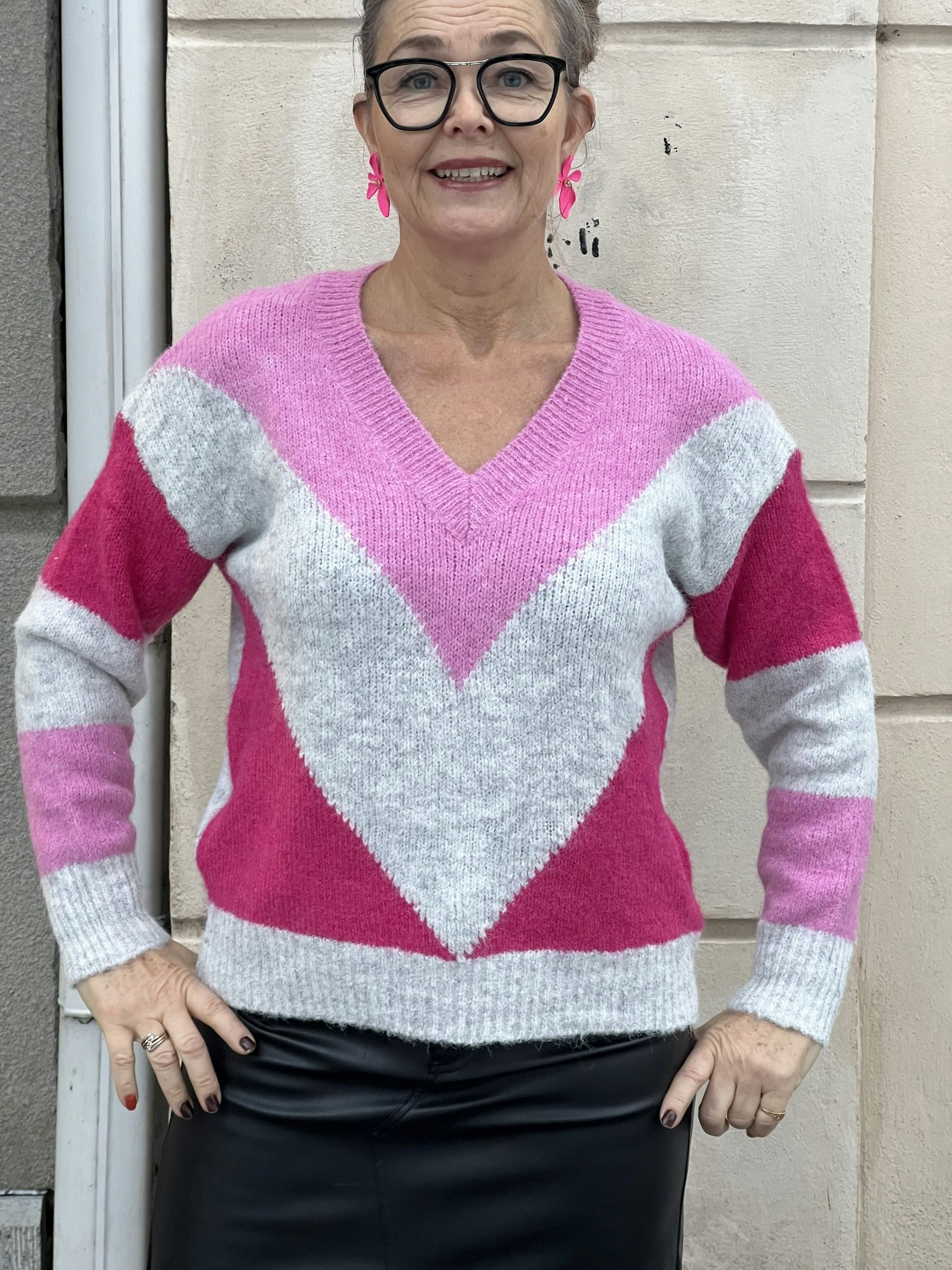 Stickad tröja rosa /cerice/grå Betti - Boutique Lykka