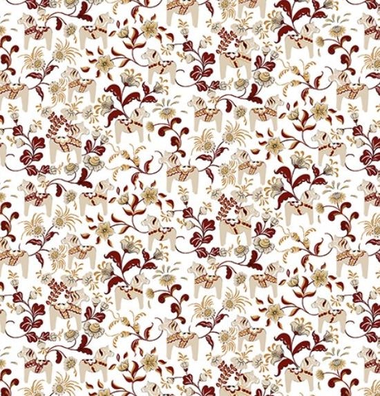 Trikåtyg Leksand mini beige o röd med dalahästar