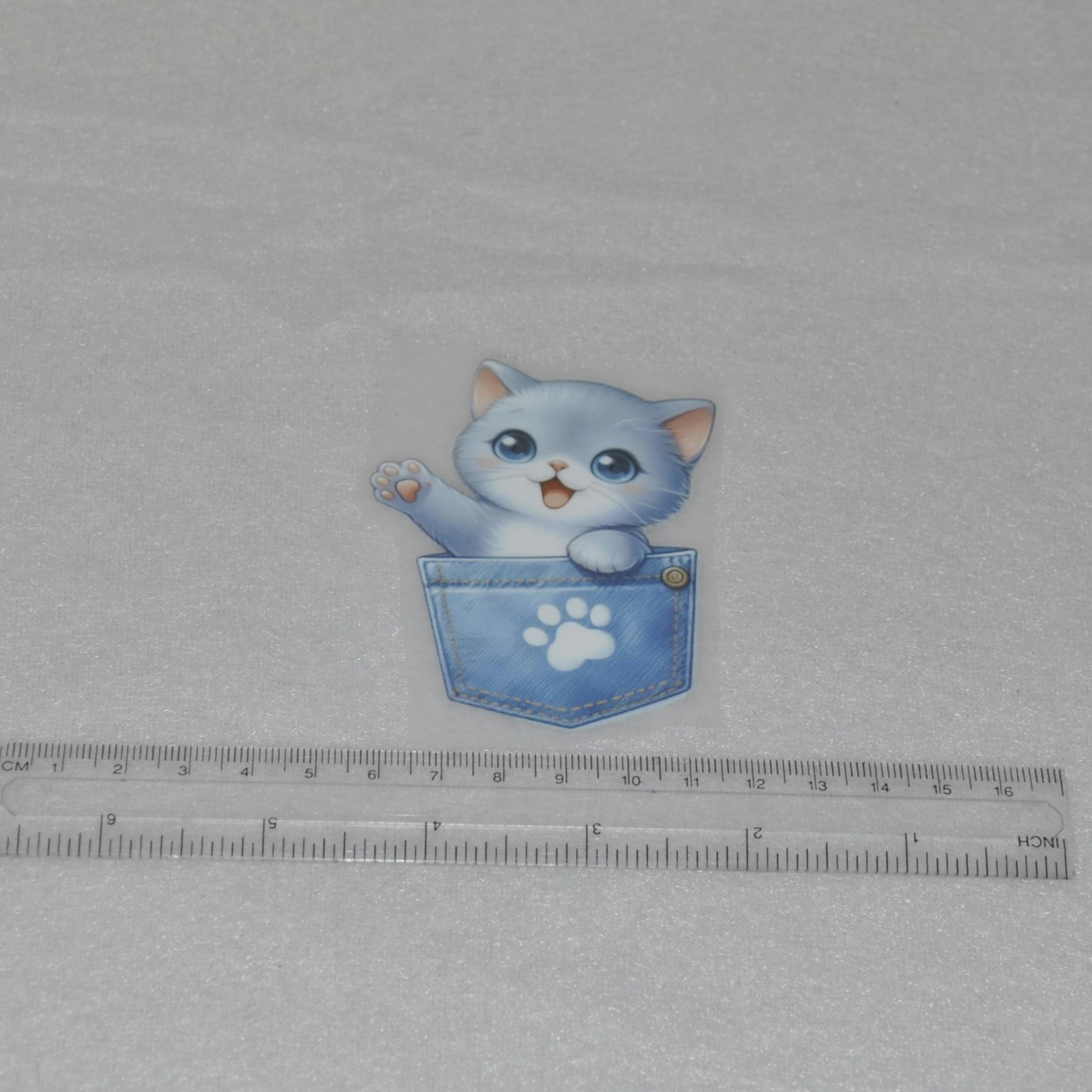 Vinyltryck Katt i jeansficka ca 5 x 8 cm