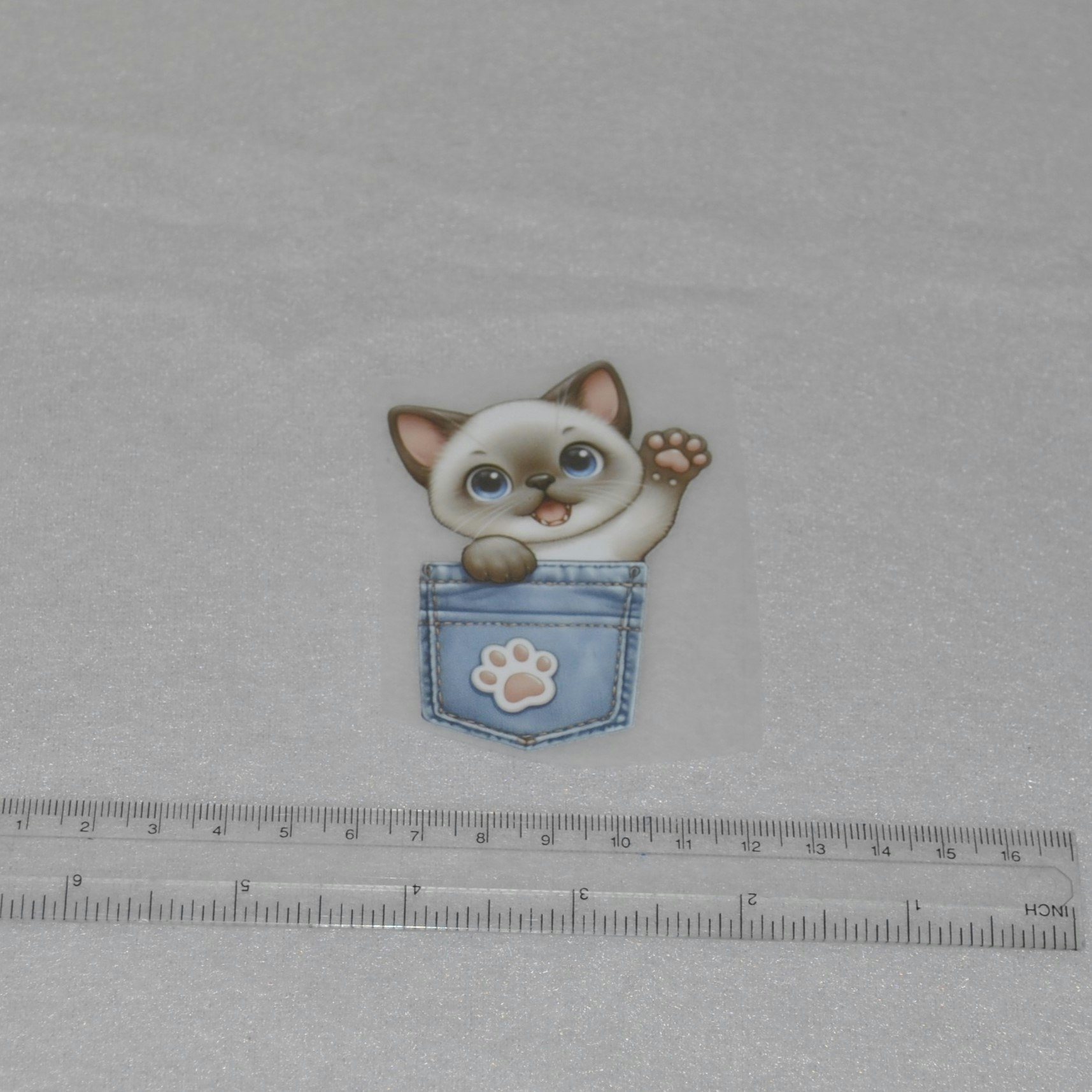 Vinyltryck Katt i jeansficka ca 5 x 8 cm