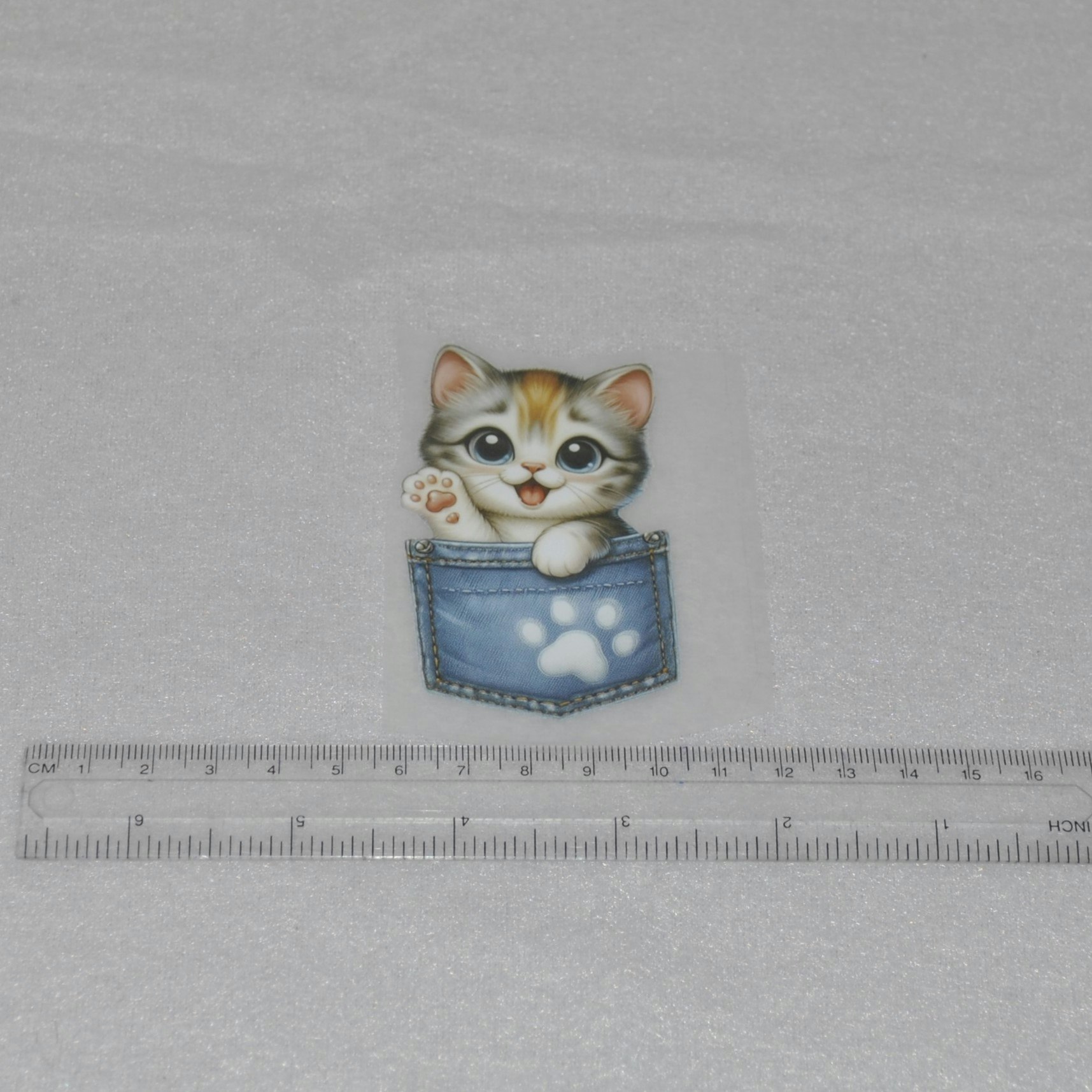 Vinyltryck Katt i jeansficka ca 5 x 8 cm