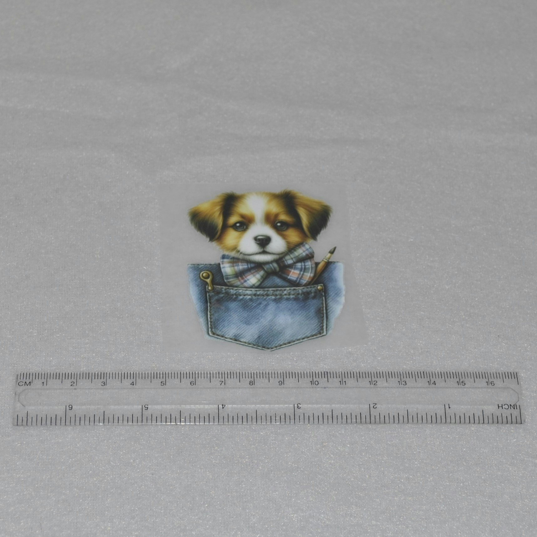 Vinyltryck Hund i jeansficka ca 6-7 x 7-8 cm