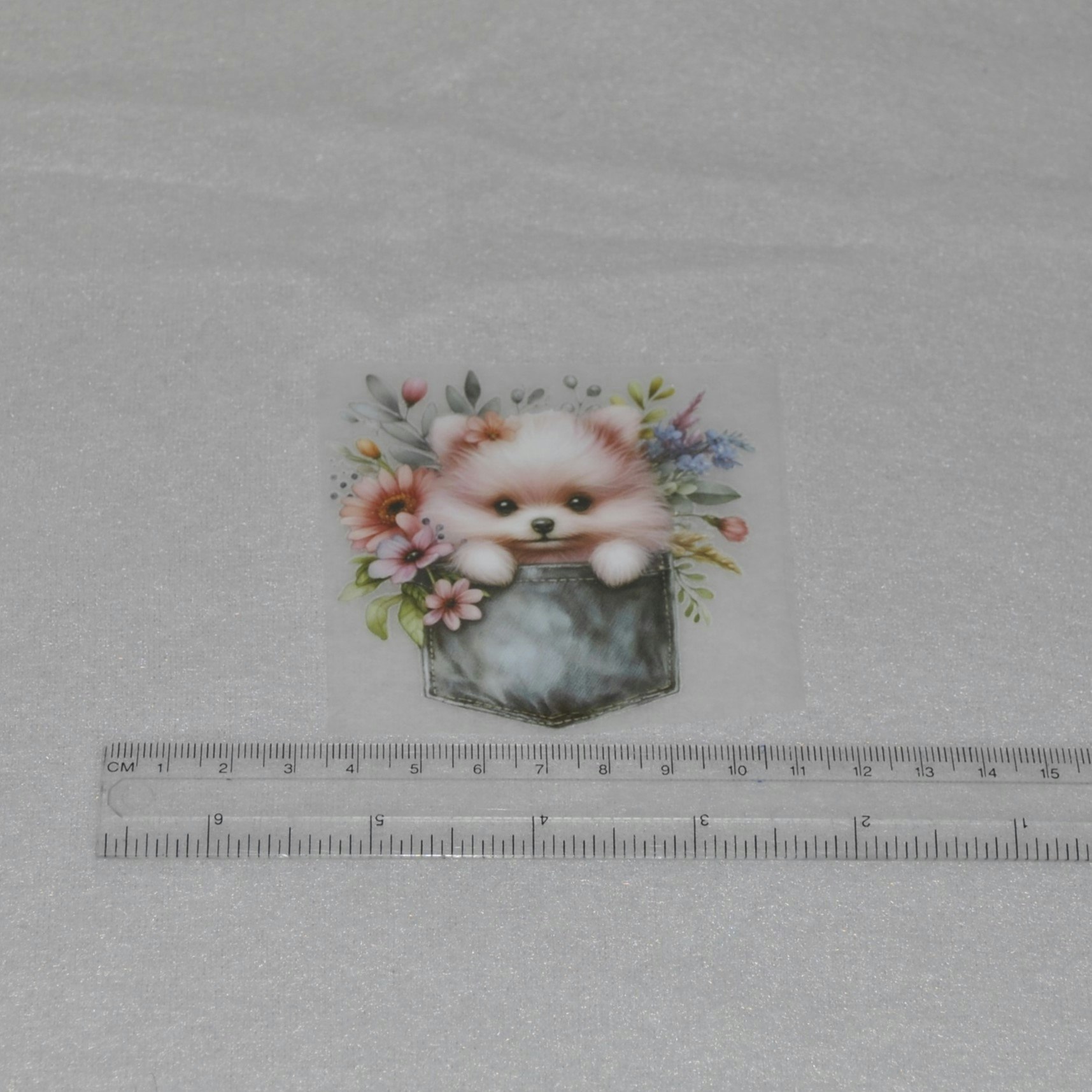 Vinyltryck Hund i jeansficka ca 6-7 x 7-8 cm