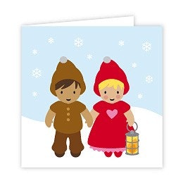 Julkompisar 65 x 65 mm. Dubbelvikt kort med blank insida. På baksidan finns ett litet hål för presentsnöret. För barn.