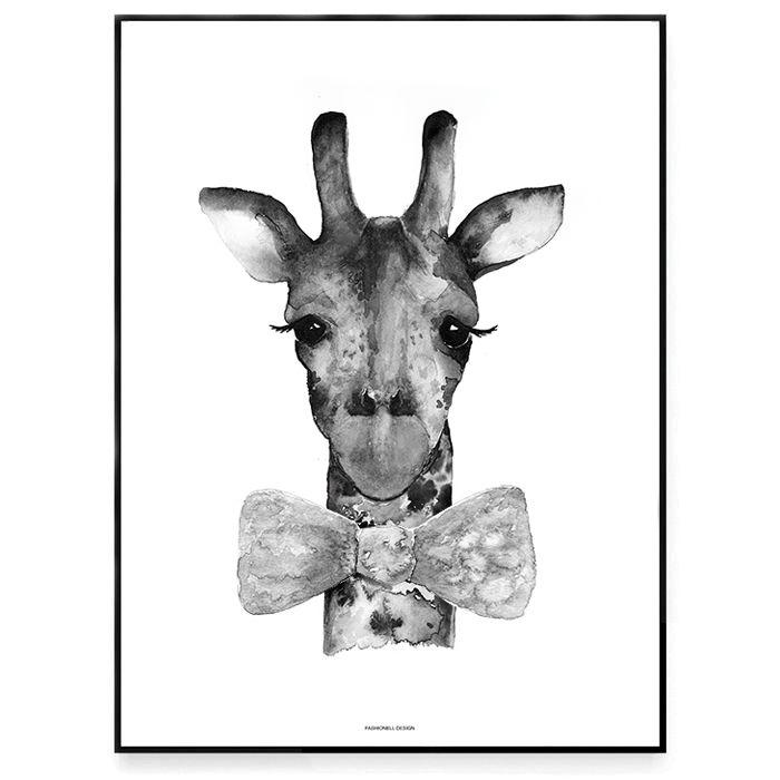 Från Fashionell. Grå giraff med vit fluga. A4.