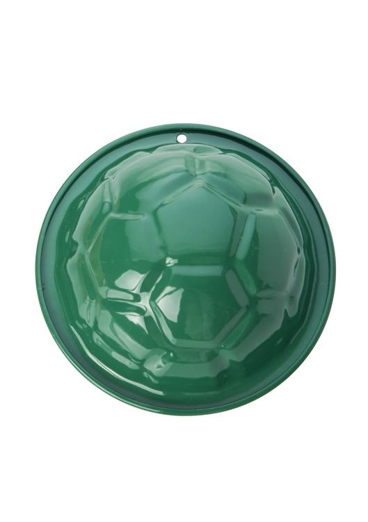 Sandform i rostfritt stål, grön fotboll.