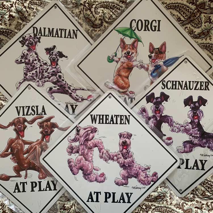 Skylt "At play 2" – Dalmatiner, Irish softcoated wheaten terrier, Schnauzer, Ungersk vizsla, Welsh corgi