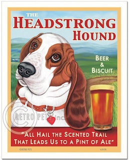 Konsttryck Krista Brooks, The Headstrong Hound – Basset hound, vit/brun landskap