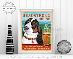 Konsttryck Krista Brooks, The Headstrong Hound – Basset hound, vit/brun/svart landskap