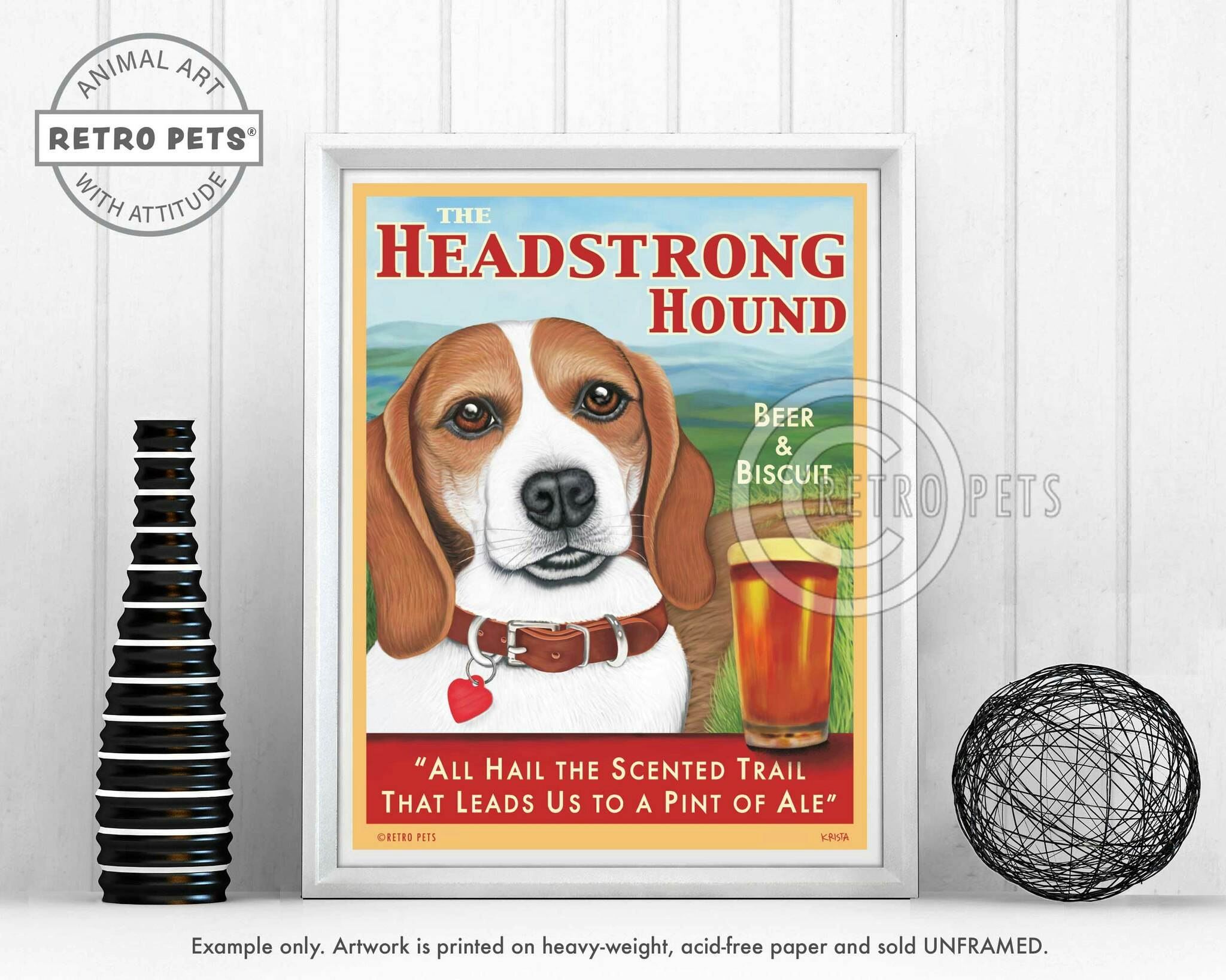 Konsttryck Krista Brooks, The Headstrong Hound – Beagle, vit/brun landskap