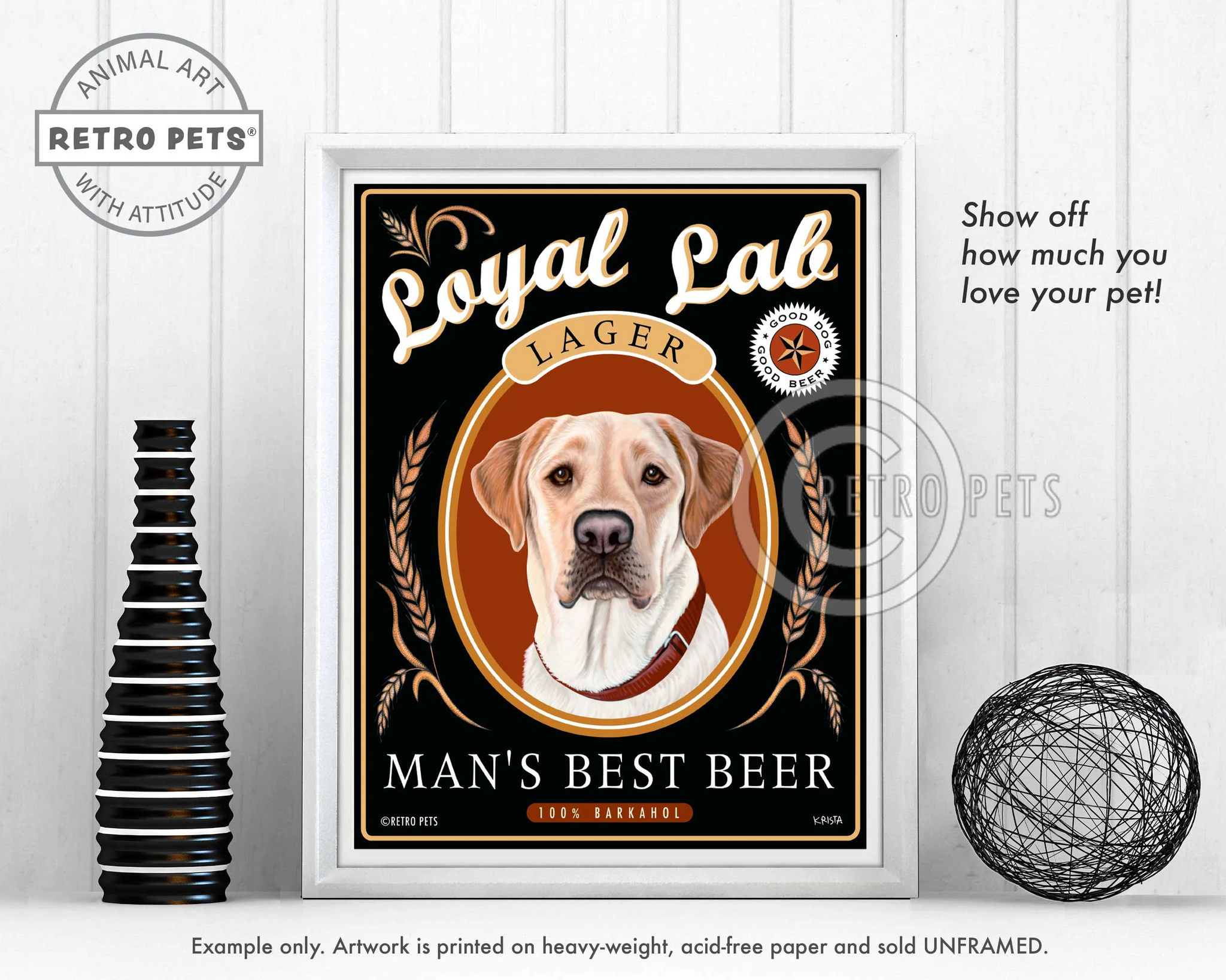 Konsttryck Krista Brooks, Man's Best Beer – Labrador retriever, gul