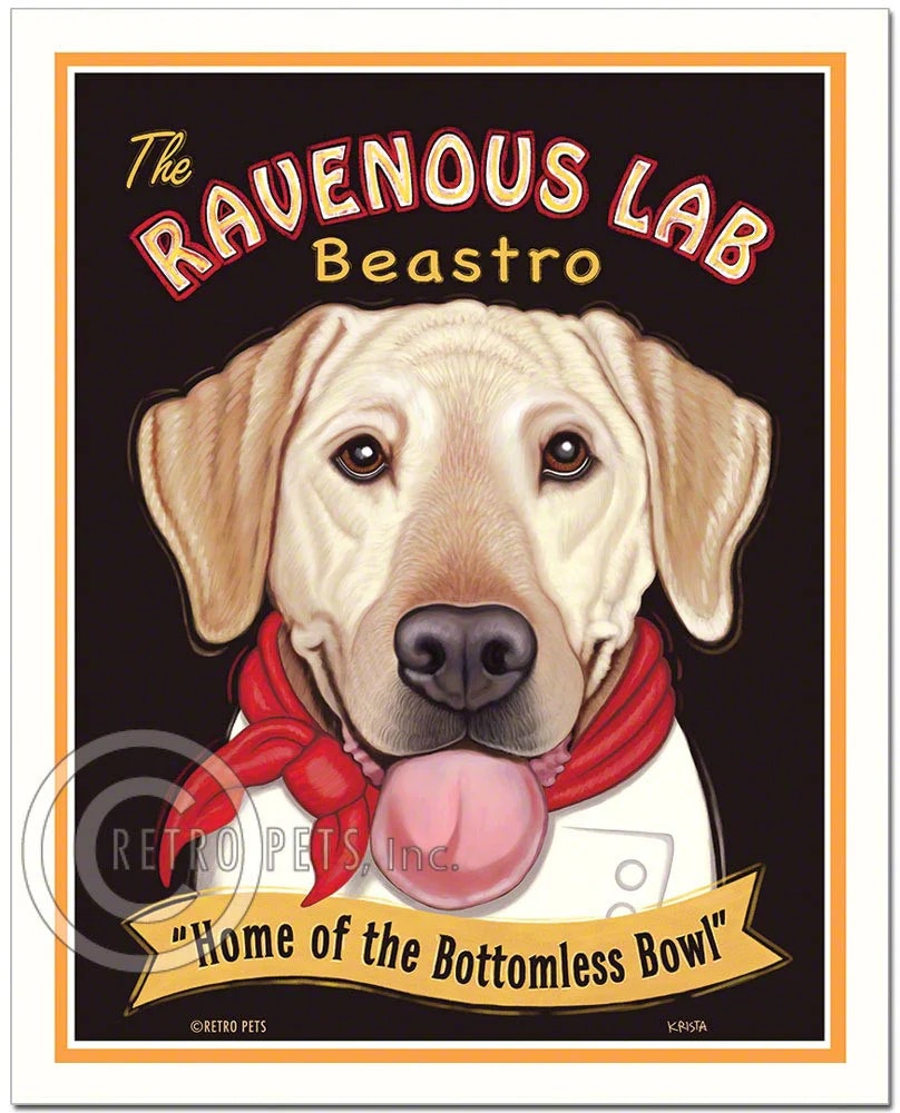 Konsttryck Krista Brooks, Ravenous Lab – Labrador retriever, gul