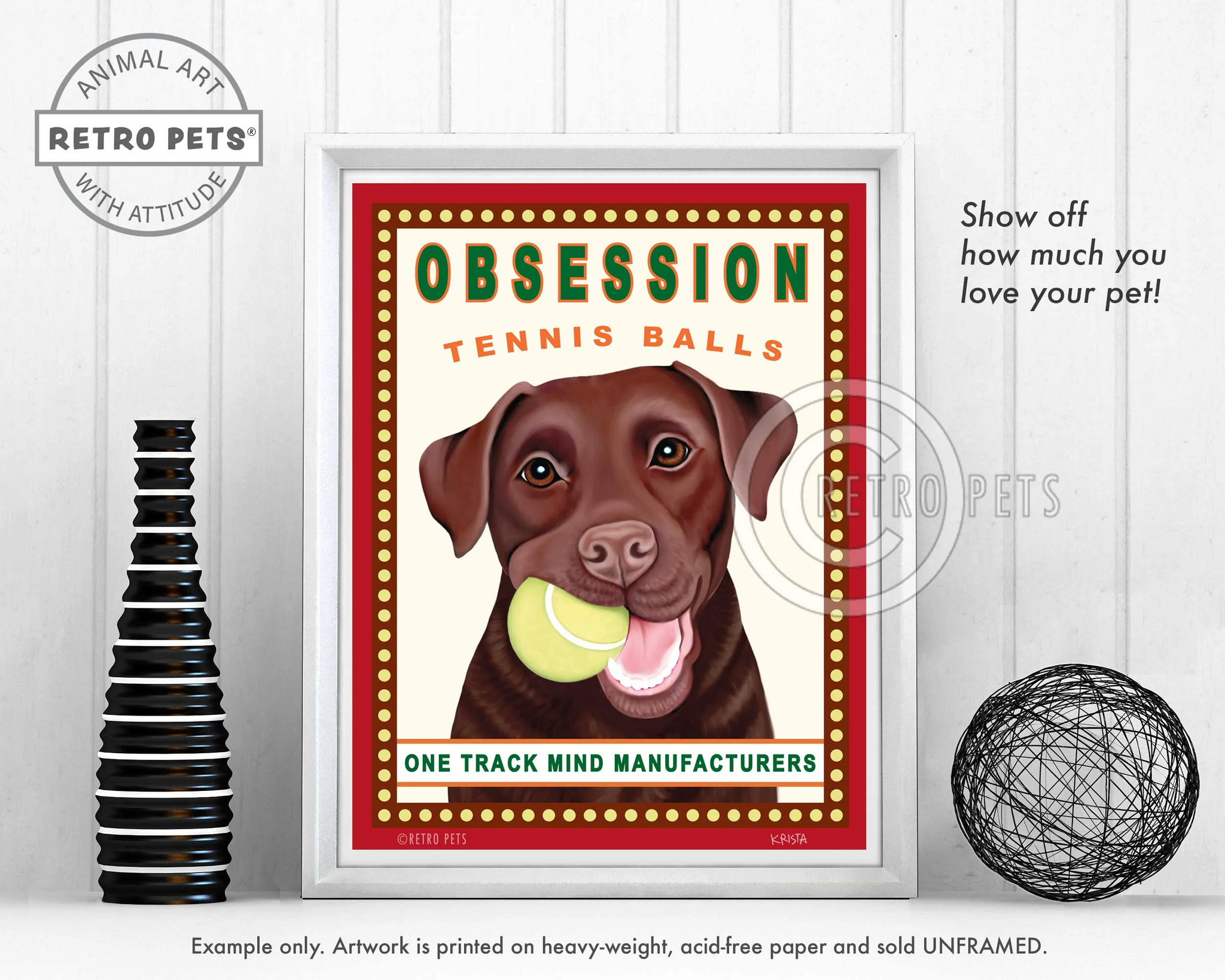 Konsttryck Krista Brooks, Obsession Tennis Balls – Labrador retriever, choklad