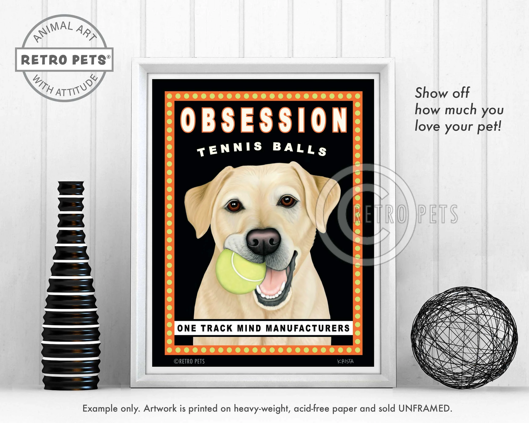 Konsttryck Krista Brooks, Obsession Tennis Balls – Labrador retriever, gul