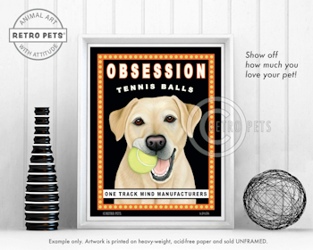 Konsttryck Krista Brooks, Obsession Tennis Balls – Labrador retriever, gul