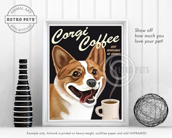 Konsttryck Krista Brooks, Corgi Coffee – Welsh corgi