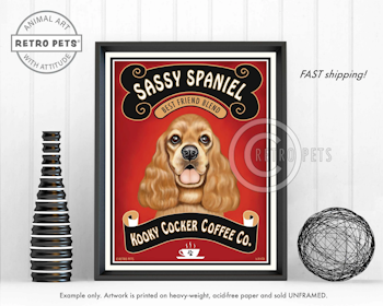 Konsttryck Krista Brooks, Sassy Spaniel Coffee – Amerikansk cocker spaniel