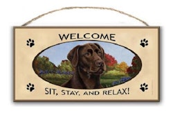 Skylt, Welcome – Labrador retriever, choklad