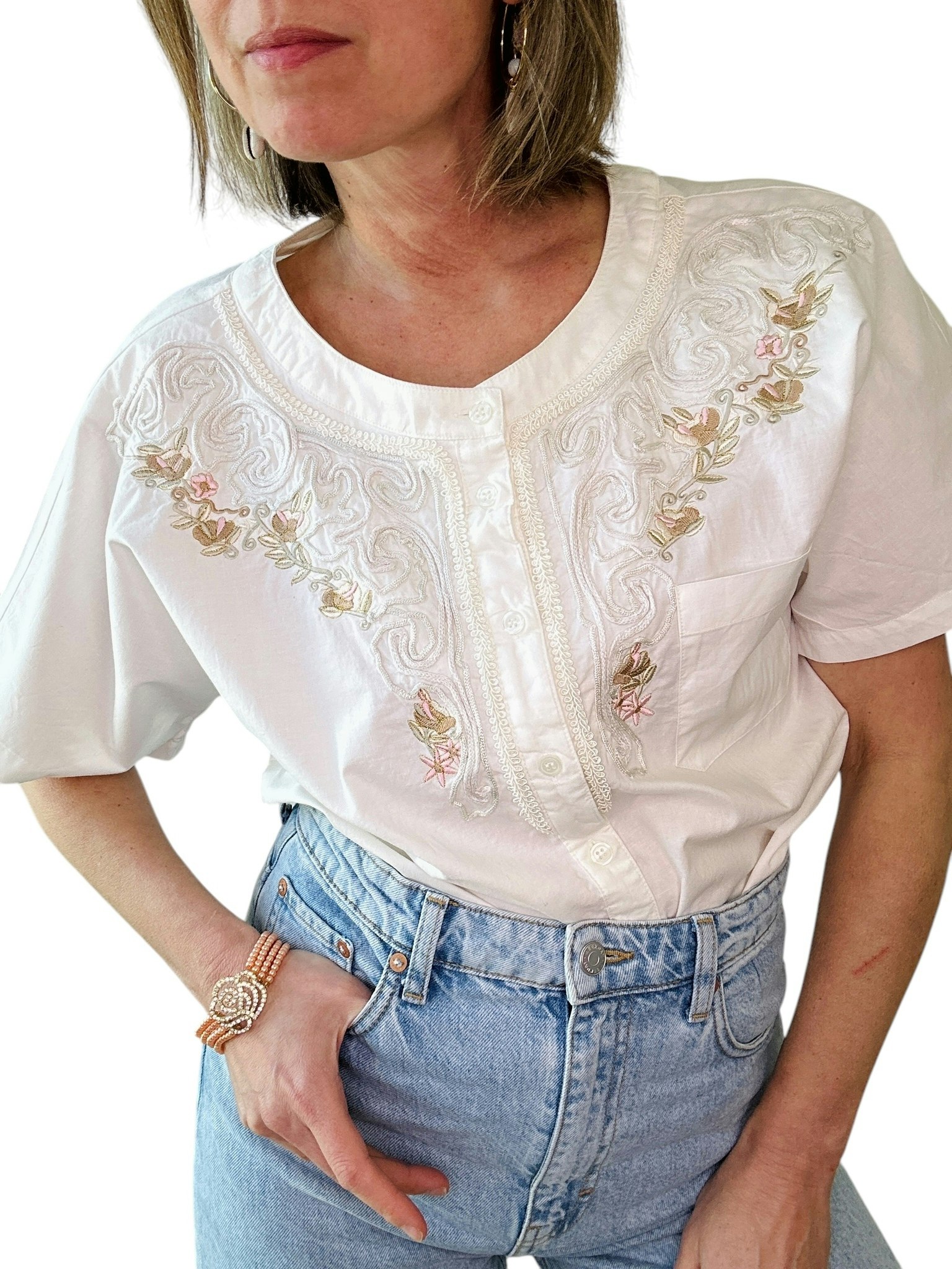 Vintage bomullsblus med broderier