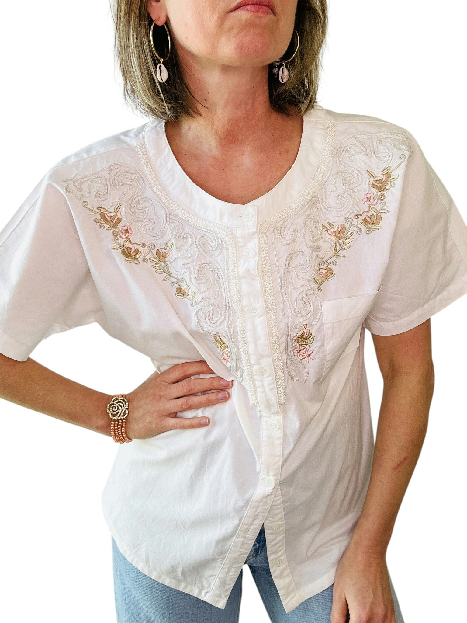 Vintage bomullsblus med broderier