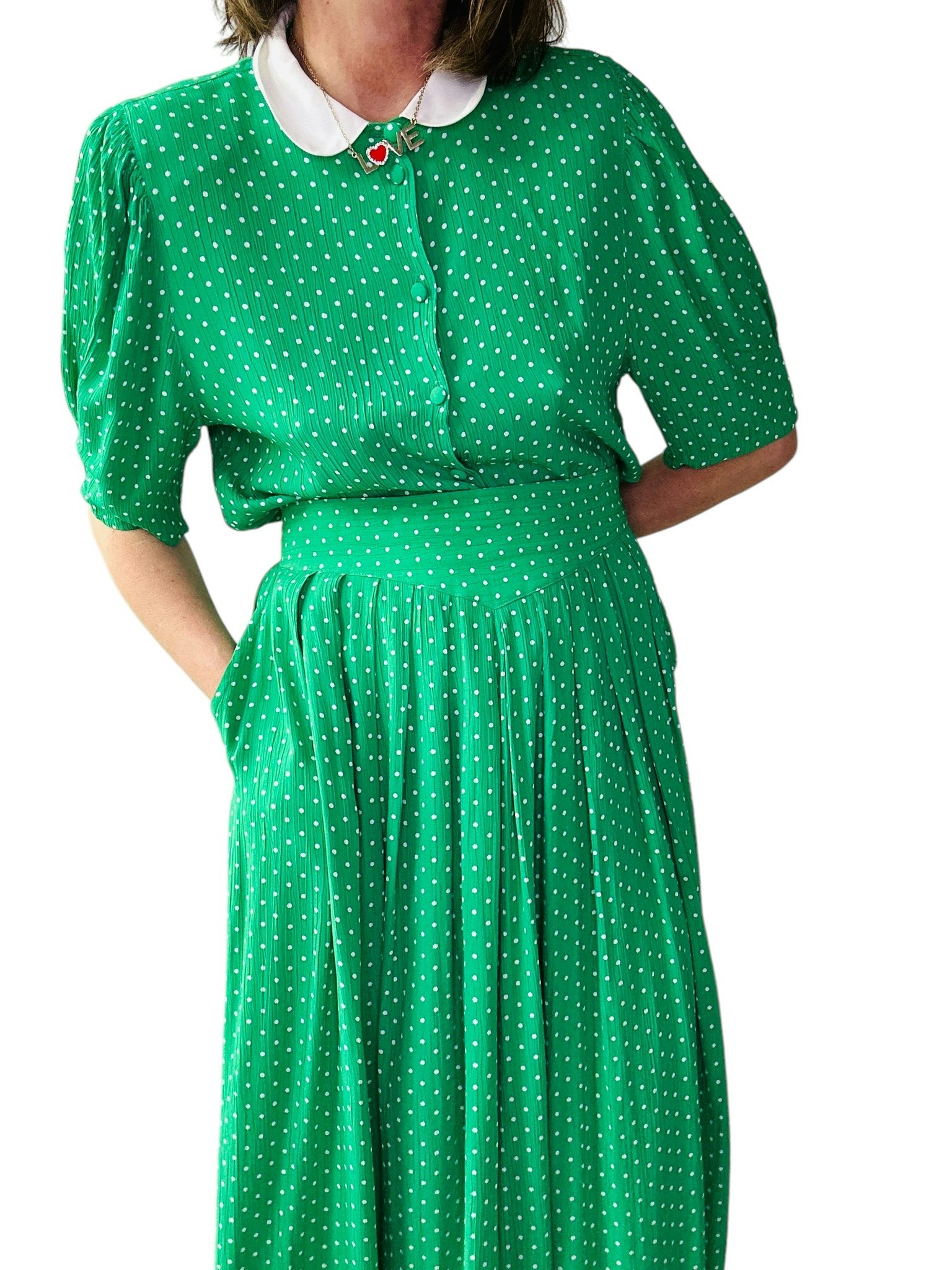 Vintage grön blus med vit krage