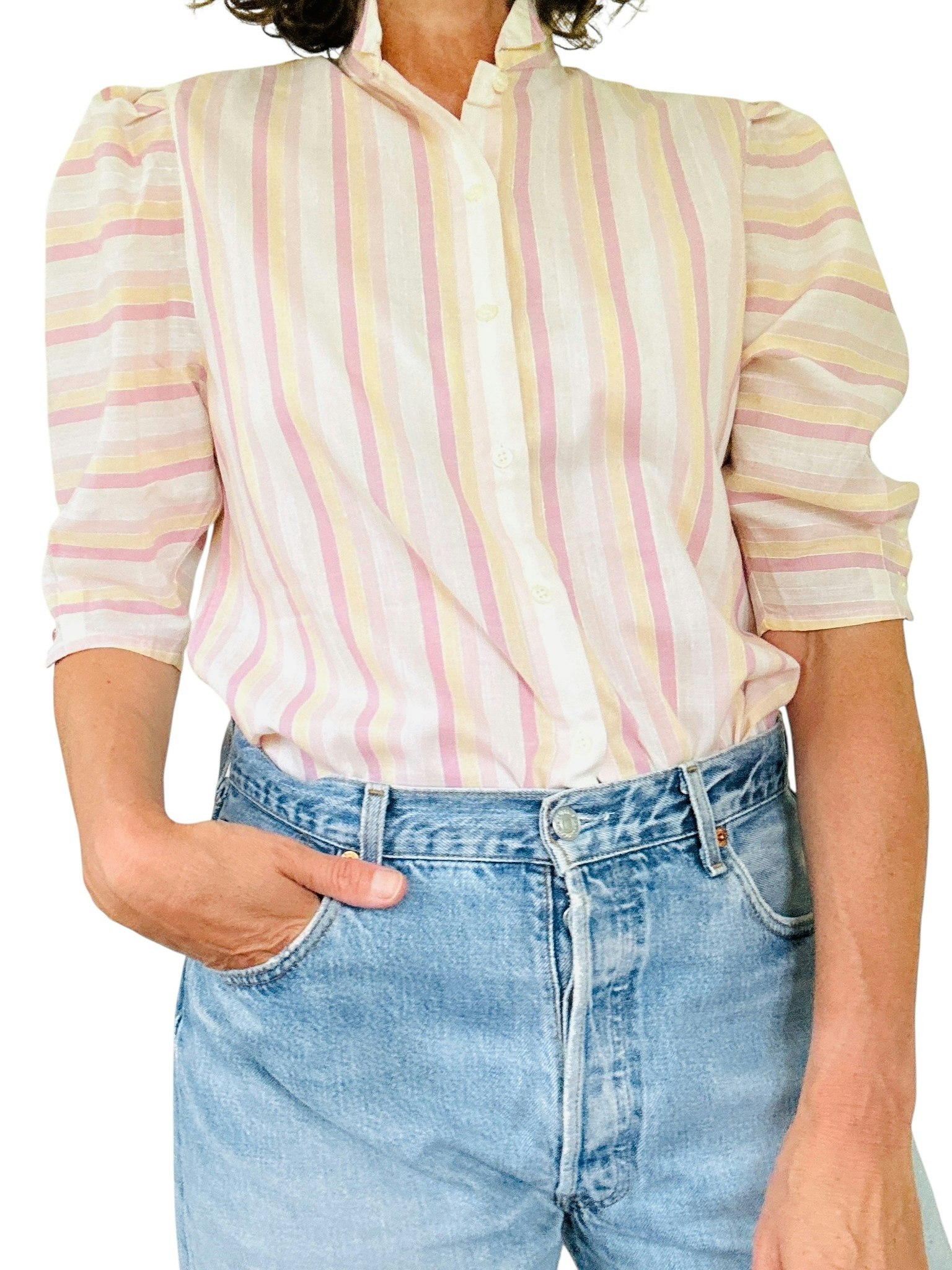 Vintage randig blus i rosa och gult