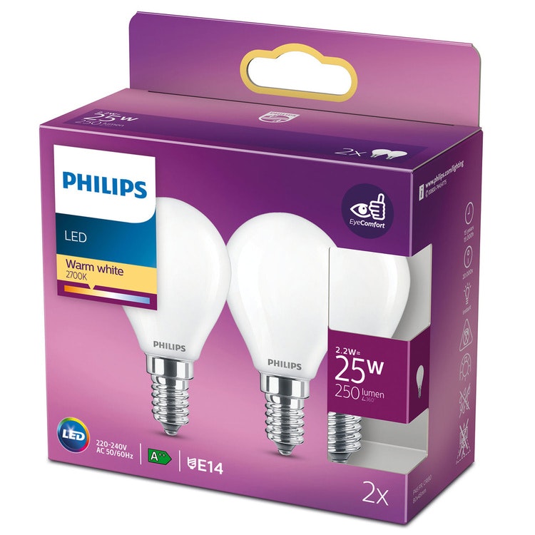 Philips LED - E14 - 2,2W - 250 Lumen - Frostade - 2-pack - Voltstore
