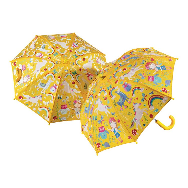 Paraply för barn gult med magiska djur - ändrar färg när det regnar