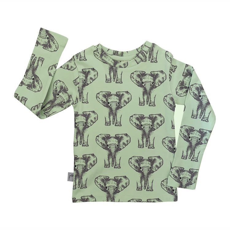 Tröja långärmad t-shirt barn grön mönstrad elefanter ekologisk bomull
