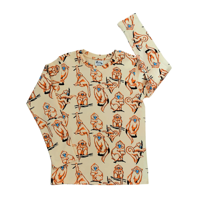 Långärmad t-shirt barn ekologisk bomull mönstrad apor