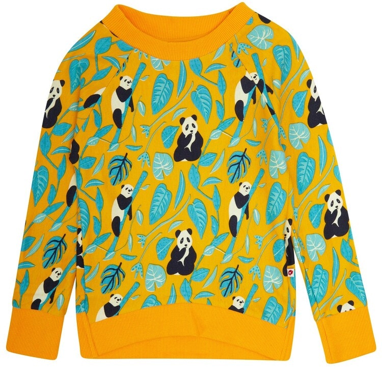 Sweatshirt barn gul mönstrad pandor ekologisk bomull