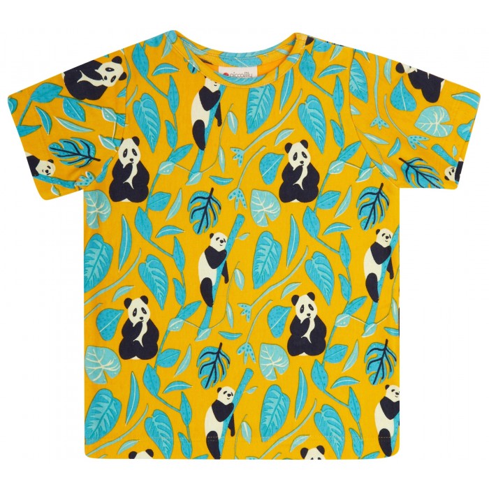 T-shirt barn kortärmad gul mönstrad pandor ekologisk bomull