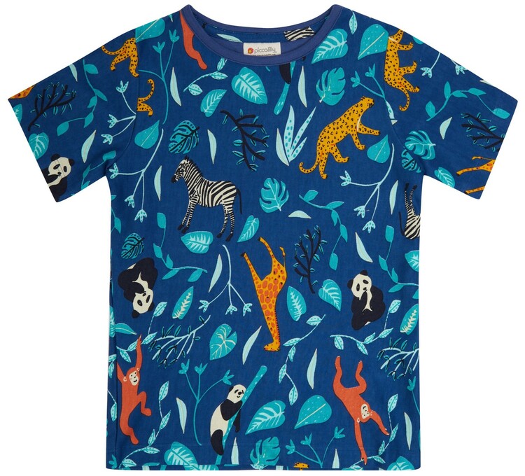 T-shirt barn kortärmad blå mönstrad vilda djur ekologisk bomull