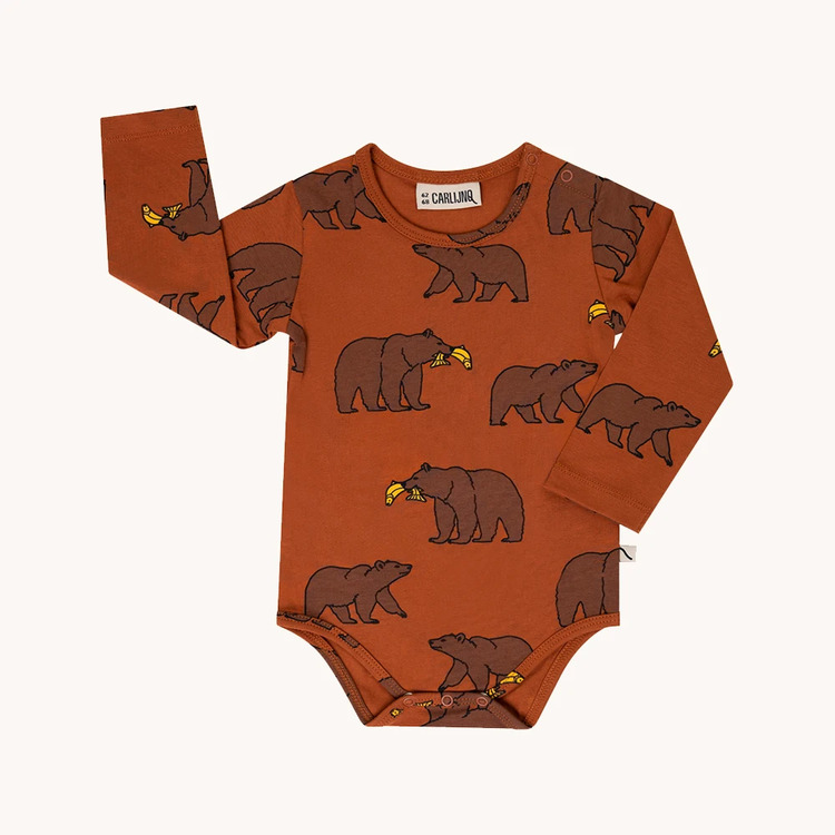 body baby rostbrun mönstrad med björnar ekologiska bomull