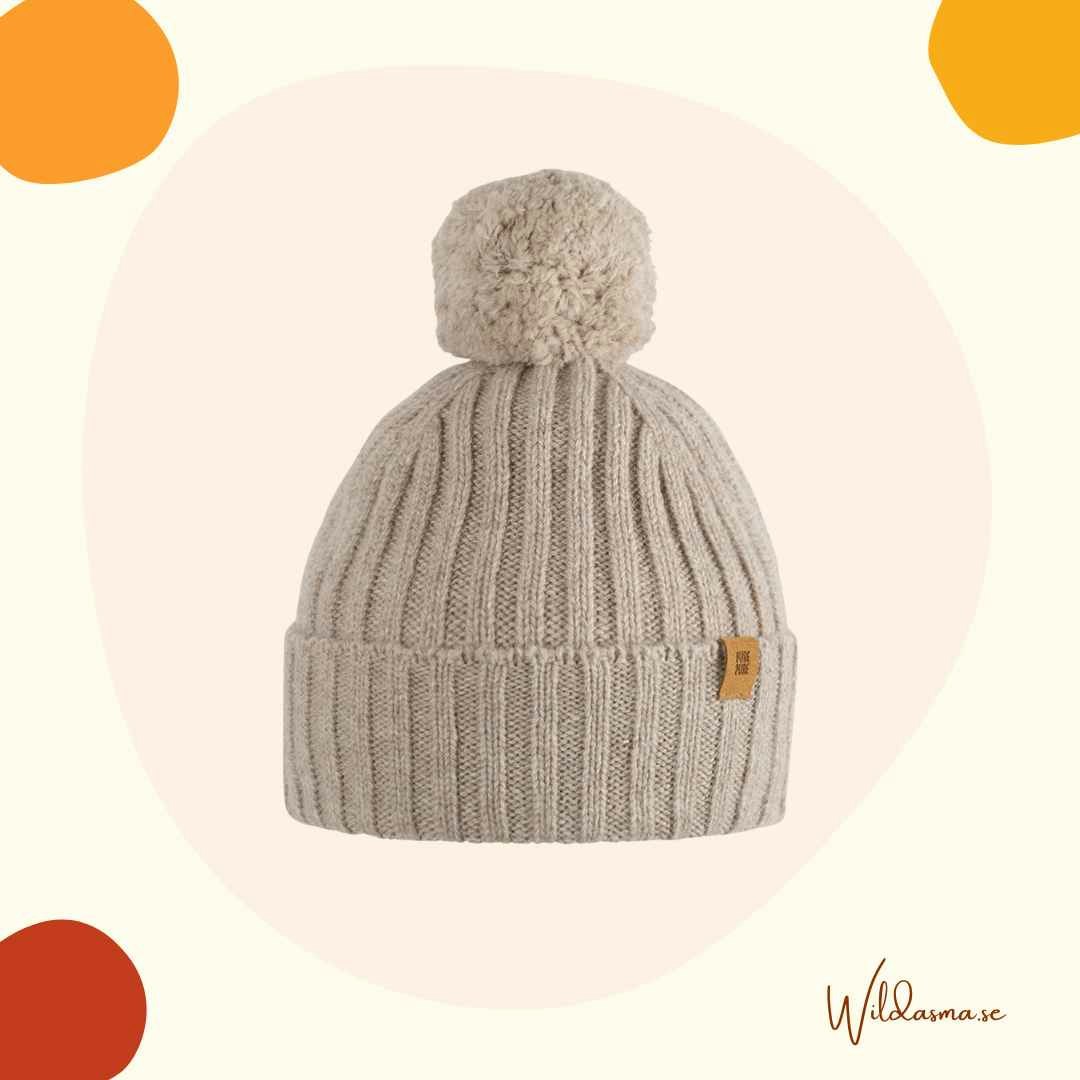Mössa baby barn ribbad med boll beige - Ull (12-24mån)