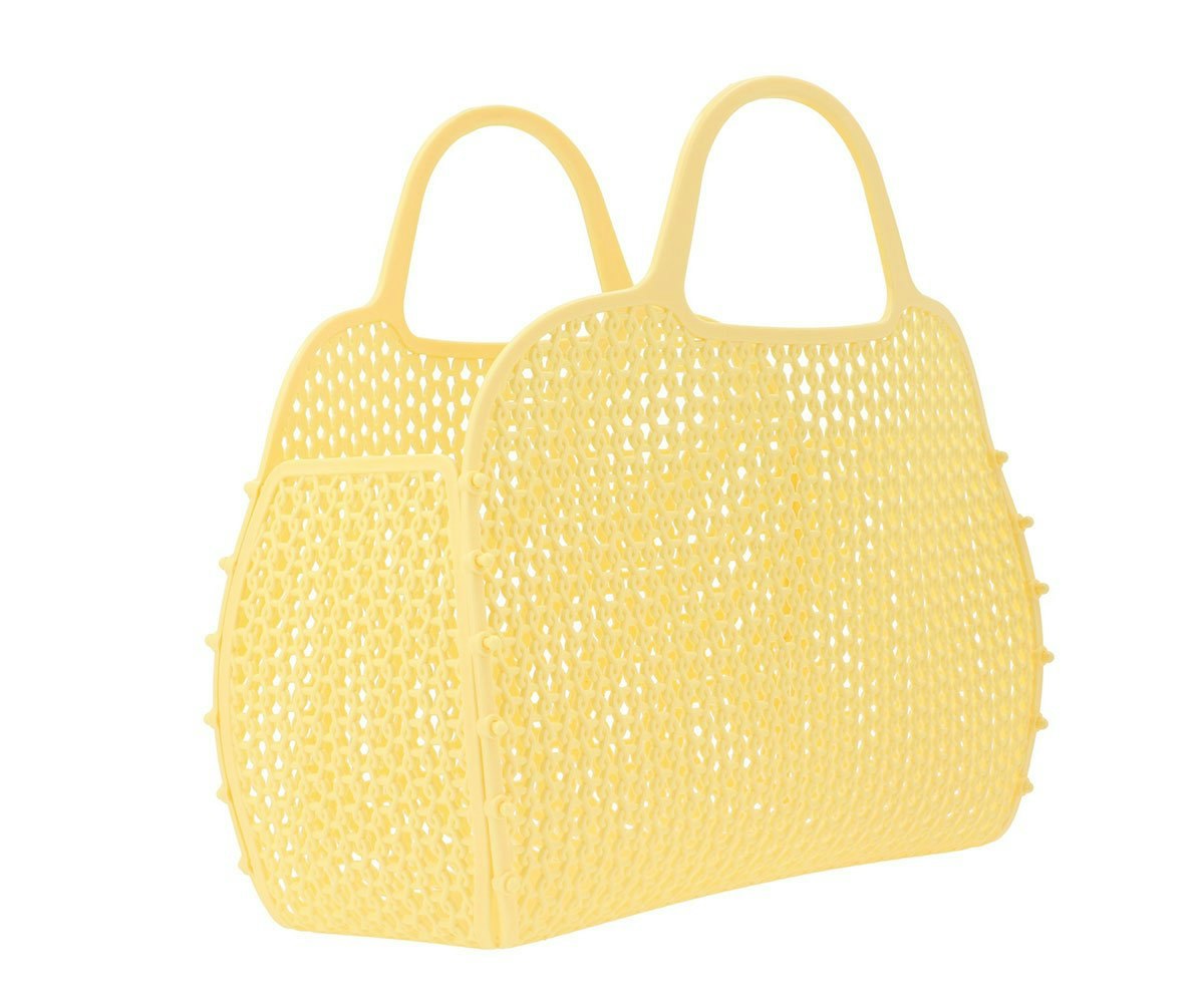 Citrongul retro strand väska i plast mesh med handtag